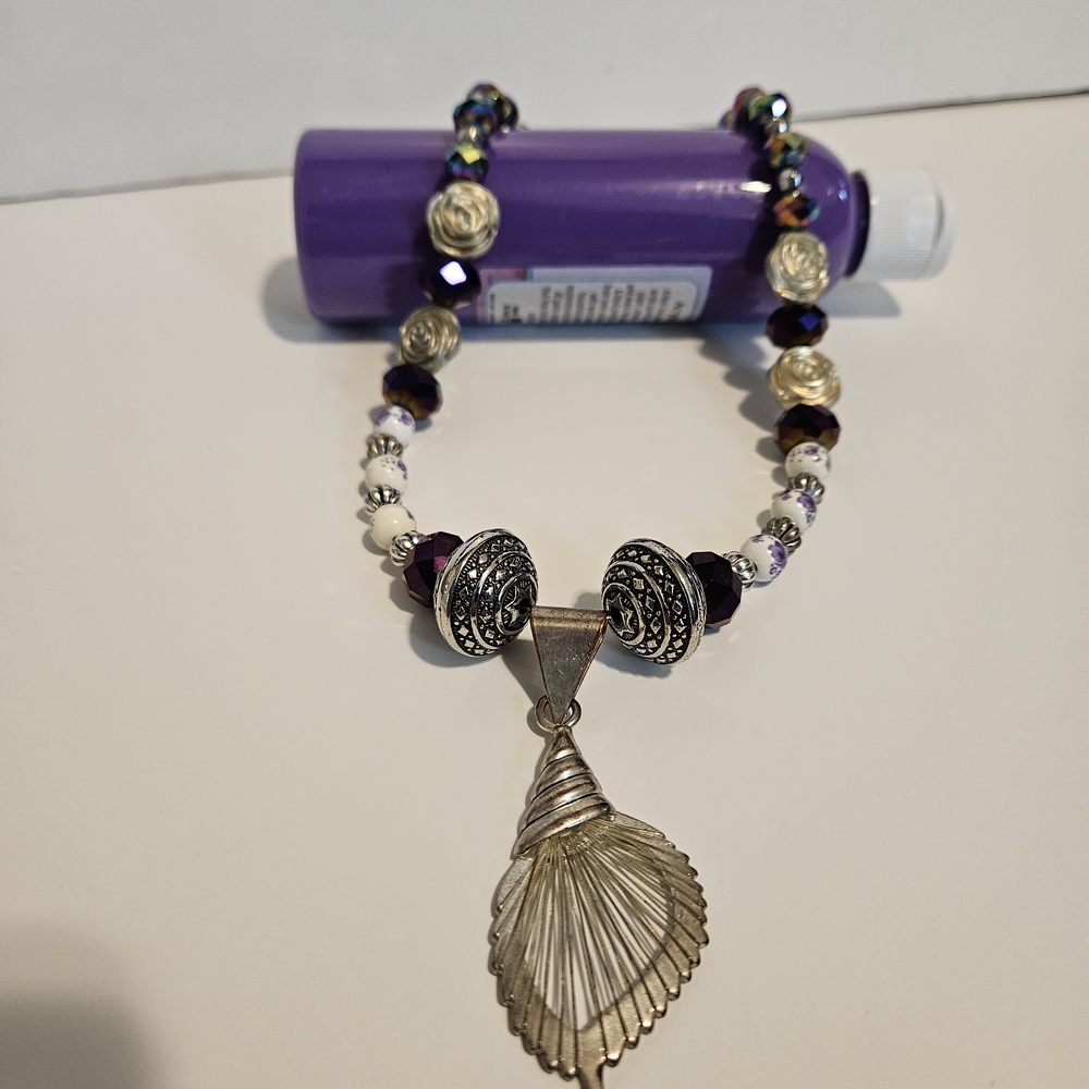 Repurposed Vintage Silver and Purple Shell Pendant Necklace